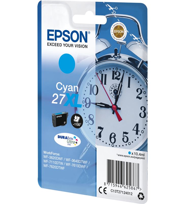 Epson C13T27124012 cartucho cian 27xl durabrite - 10.4ml - despertador - para wf-3620dwf - 33622524_0088124008